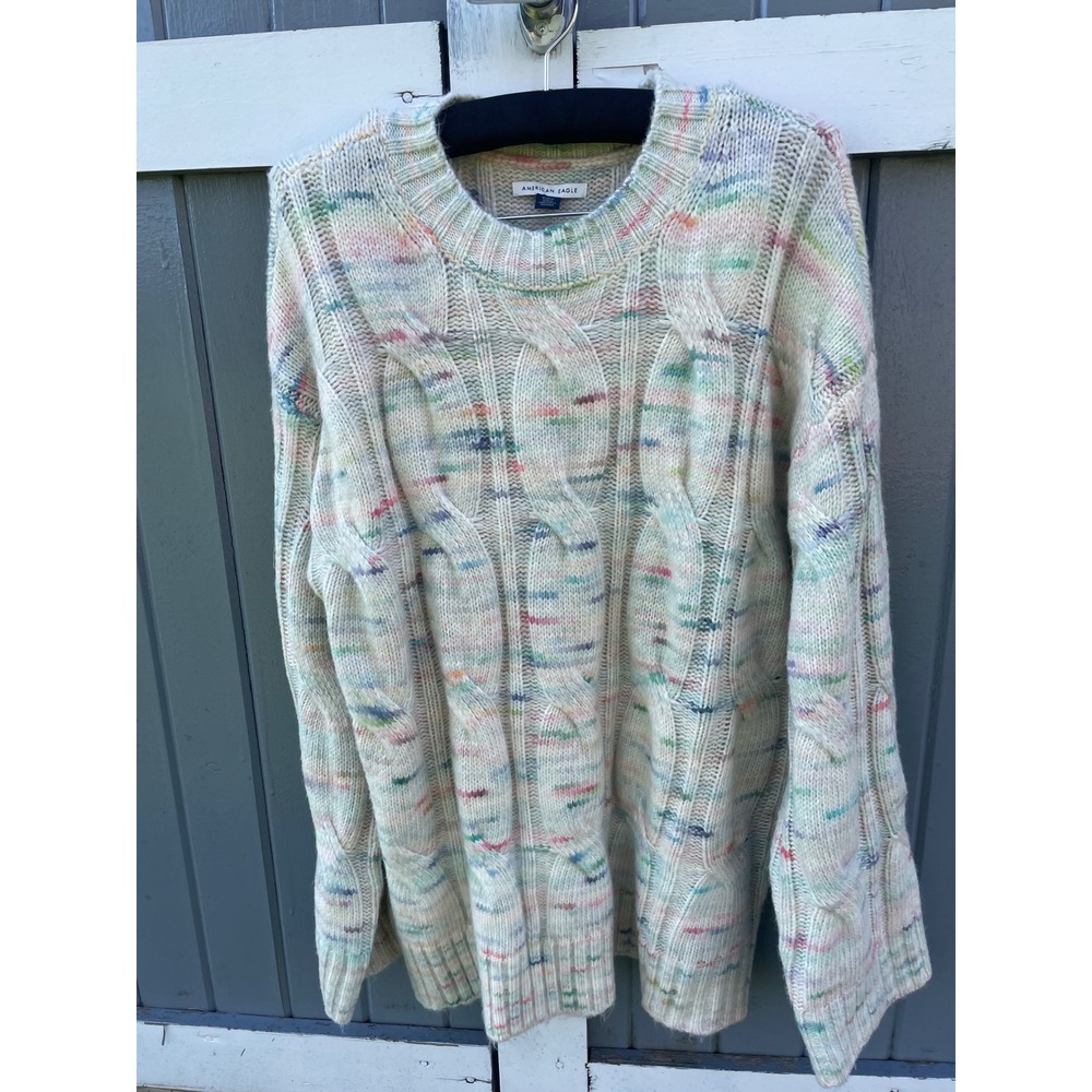 American Eagle Womens Cable Knit Space Dye Sweater Rainbow Pastel Size M